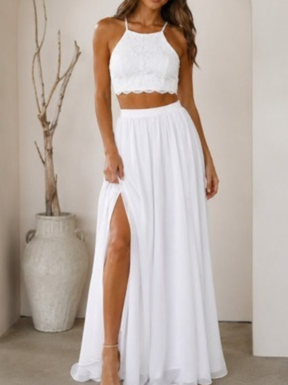 Azazie White 2 Piece Chiffon Maxi Skirt and Lace Bralletee Size 6 - Picture 11 of 14